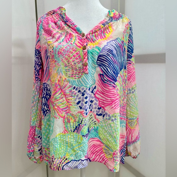 Lilly Pulitzer 100% Silk Tunic Top. Amelia Island Roar of the Seas. Size Medium - Picture 1 of 11